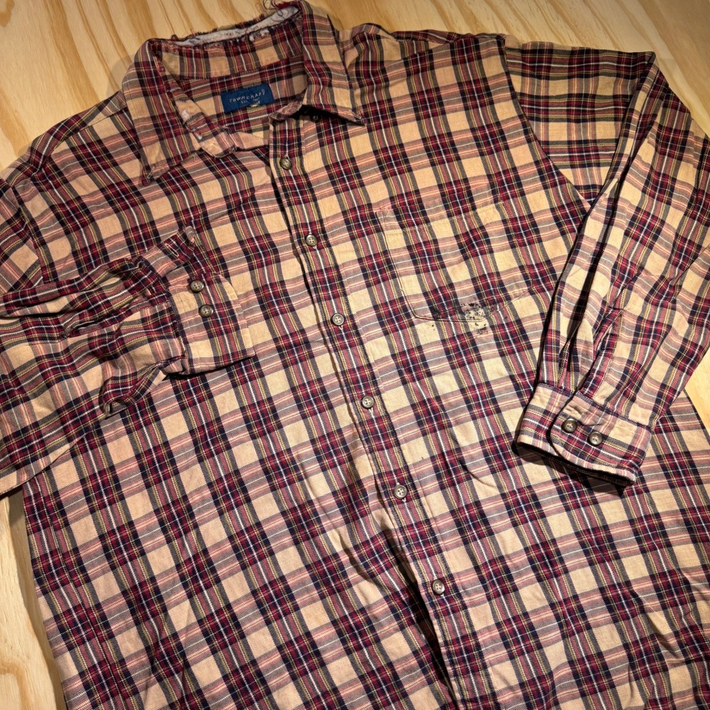 Vintage Towncraft Men's Plaid Flannel Button Up Shirt Beige Burgundy Medium